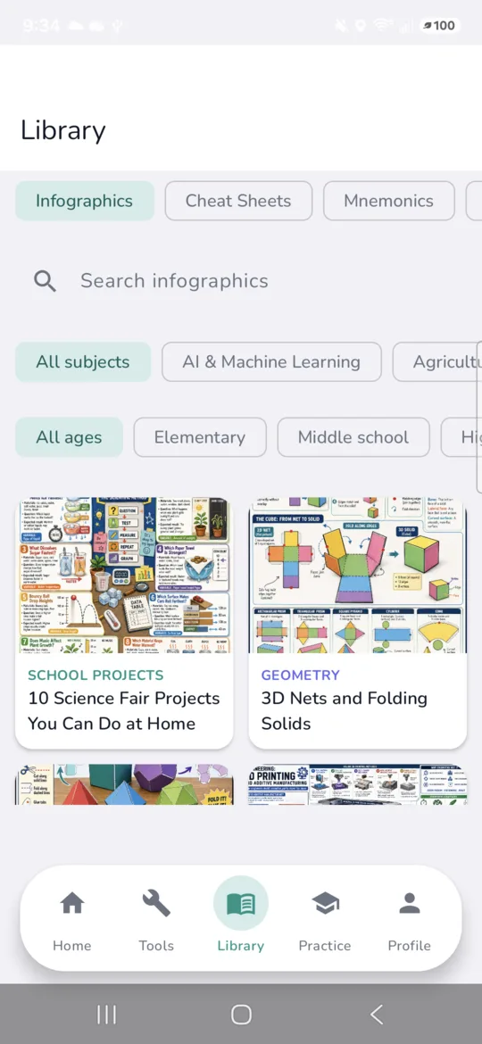 LivePhysics library of infographics, cheat sheets, and mnemonics with subject and age filters