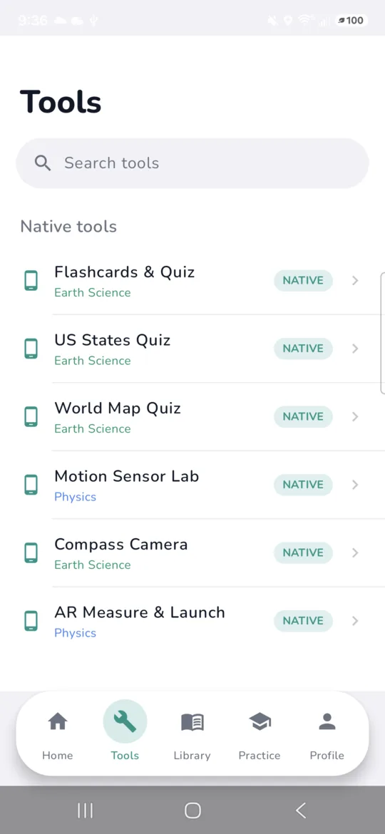 LivePhysics tools list with native tools such as the Motion Sensor Lab and AR Measure